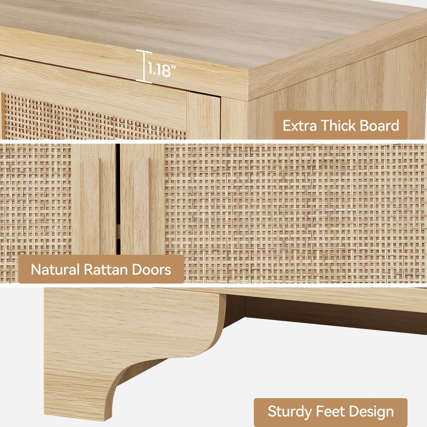 GarveeHome 4-Door Sideboard Buffet Cabinet, Natural Rattan Storage Cabinet, Boho Entryway Console Table, Coffee Bar Station for Dinning Room, Living Room, Kitchen