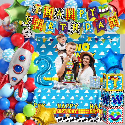 Two Infinity and Beyond Birthday Decorations Cartoon Story 2nd Birthday Party Supplies Include Balloon Arch Banner Backdrop Tablecloth Crown for Toy Themed Party Decor