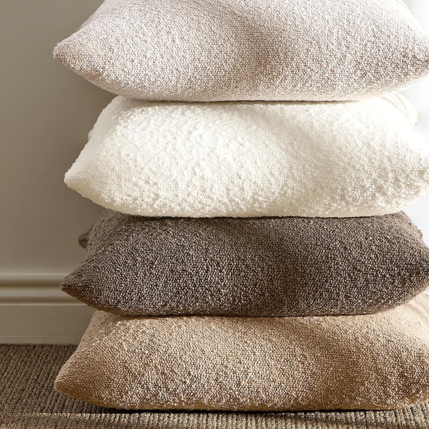 Pack 2 Cozy 22 22 Inch ANRODUO of Textured Boucle Throw Pillow Covers Soft Beige Euro Decorative Accent Solid Pillow