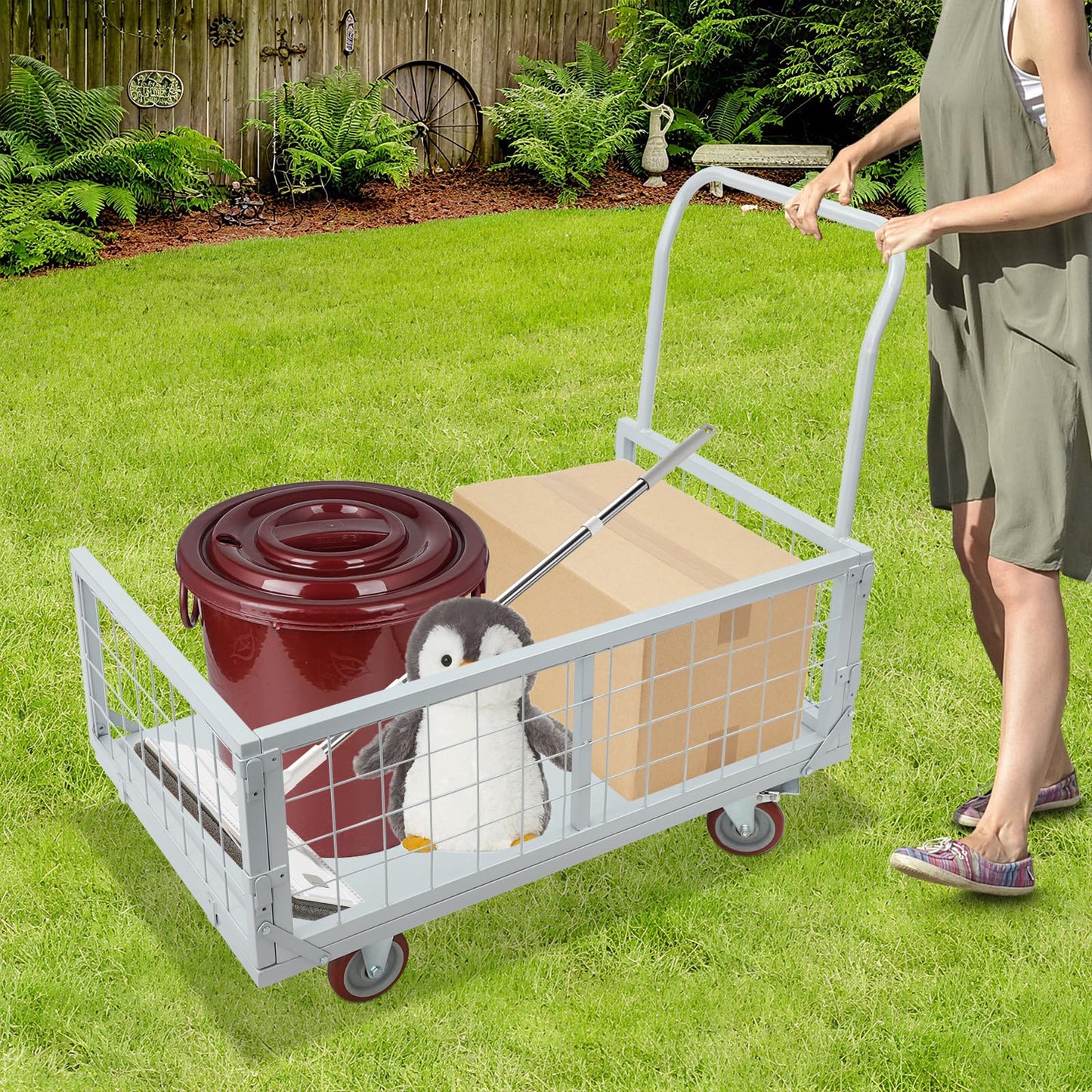 2200lbs Heavy Duty Platform Truck Cart, Steel Panel Truck, 4-in-1 Convertible, 38x23in Cage, Multi-Purpose Push Cart with Swivel & Brake Casters, for Groceries Garage Warehouse