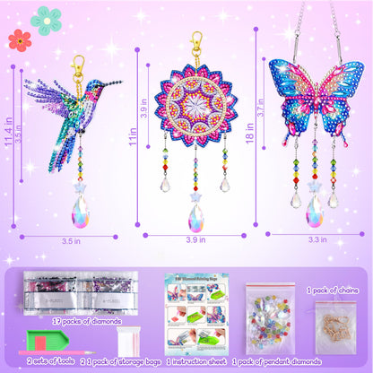 Crafts for Girls 8-12, Diamond Art Kits for Girls Ages 10-12, 3 PCS Diamond Art, DIY Suncatchers & Wind Chime Kits for Kids, Great Arts & Crafts Birthday Gift, Pretty Home/Garden/Backpack décor