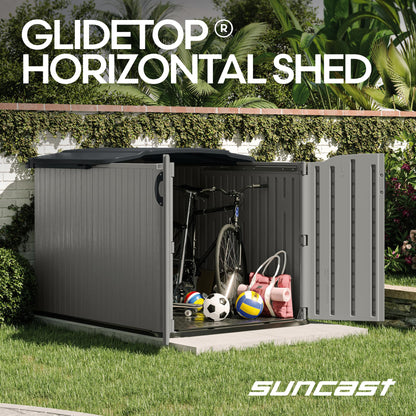 Suncast 138 Cu Ft Horizontal Outdoor Storage Shed, 57.5"x79.75"x52" Glidetop Outdoor Shed with Sliding Lid, Resin Storage Sheds with Floor for Bikes, Motorcycles, & Lawn Mower, Made in The USA