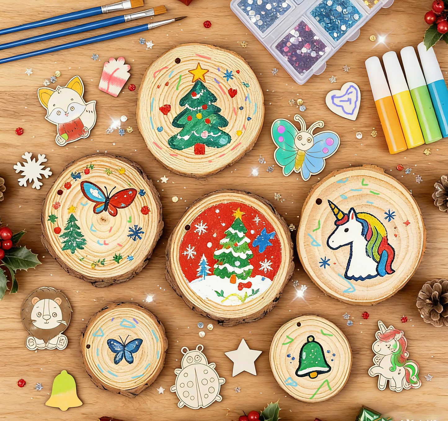 Timburst Unfinished Wood Slices Ornaments, 171pcs All-in-One Kids Painting Crafts, Glow in the Dark Wooden Craft Kit with Pre-Drilled Holes, Arts and Crafts for Girls Boys Ages 6+ Birthday Gift