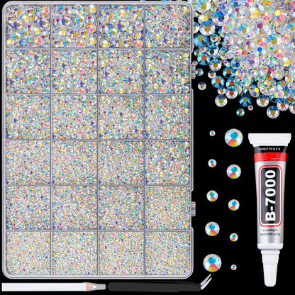 25000Pcs Resin Rhinestones for Crafting, Transparent AB 2-6mm Mixed Sizes Non Hotfix Flatback Gems with 1Pcs Glue, Bedazzling Crystal for DIY Craft Clothing Mugs Tumblers Shoes Fabric Decor Nail Art