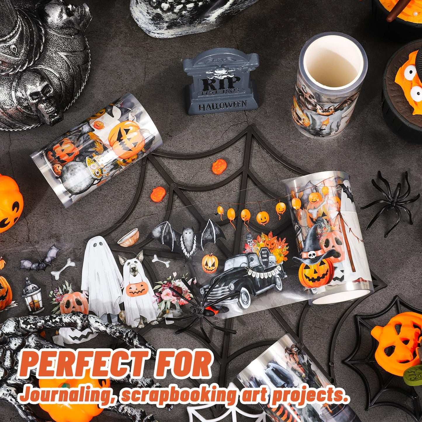 JarThenaAMCS 39.2 Ft Halloween PET Washi Tape 4 Rolls Pumpkin Ghost Witch Bats Transparent Adhesive Masking Tape for Cut & Use as Halloween Stickers Scrapbook Journal DIY Crafts Wrapping