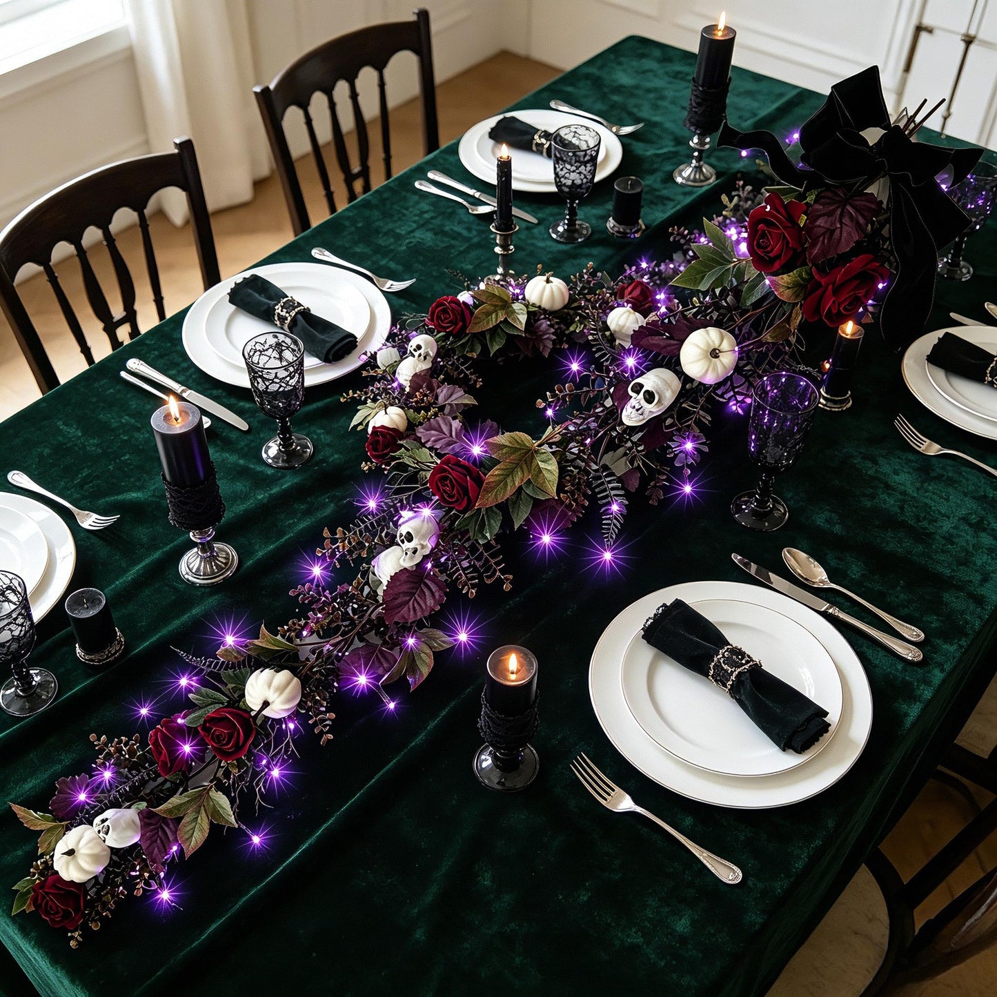 HipTree 6ft Gothic Halloween Garland with Lights, Spooky Eucalyptus Fall Decor with Skulls, Burgundy Roses & White Pumpkins, Battery Timer for Mantle Fireplace Staircase Indoor Outdoor Harvest