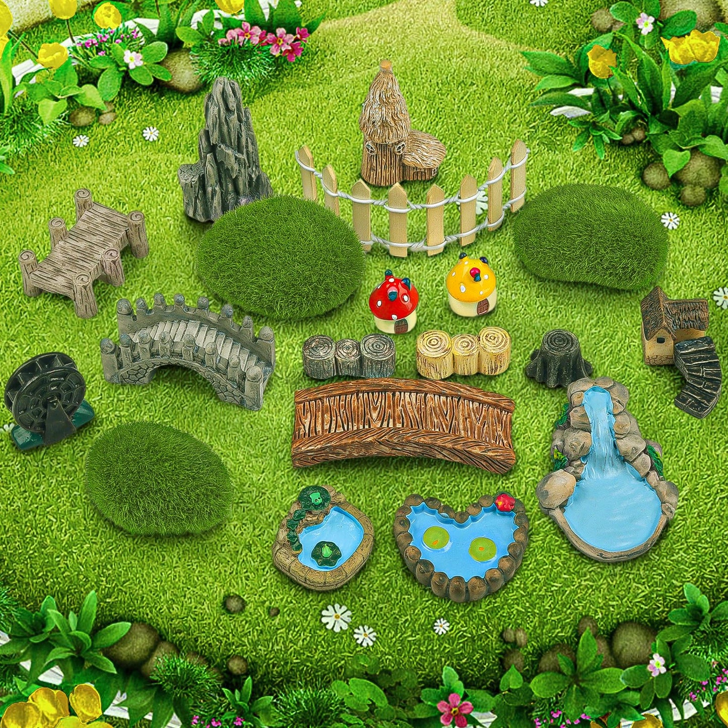 QUOZUO 21 Pcs Fairy Garden Miniatures Accessories Bridge House Landscape Water Well Fence Figurines Pond Mushroom Lawn Garden Ornament for DIY Craft Succulent Decor