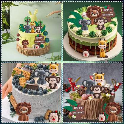 25PCS Jungle Safari Cake Toppers Set - 3D Zoo Animals Cake Toppers with Trees & Leaves, Wild One Birthday Decor for Jungle Theme Parties Supplies, Safari Cake Decorations