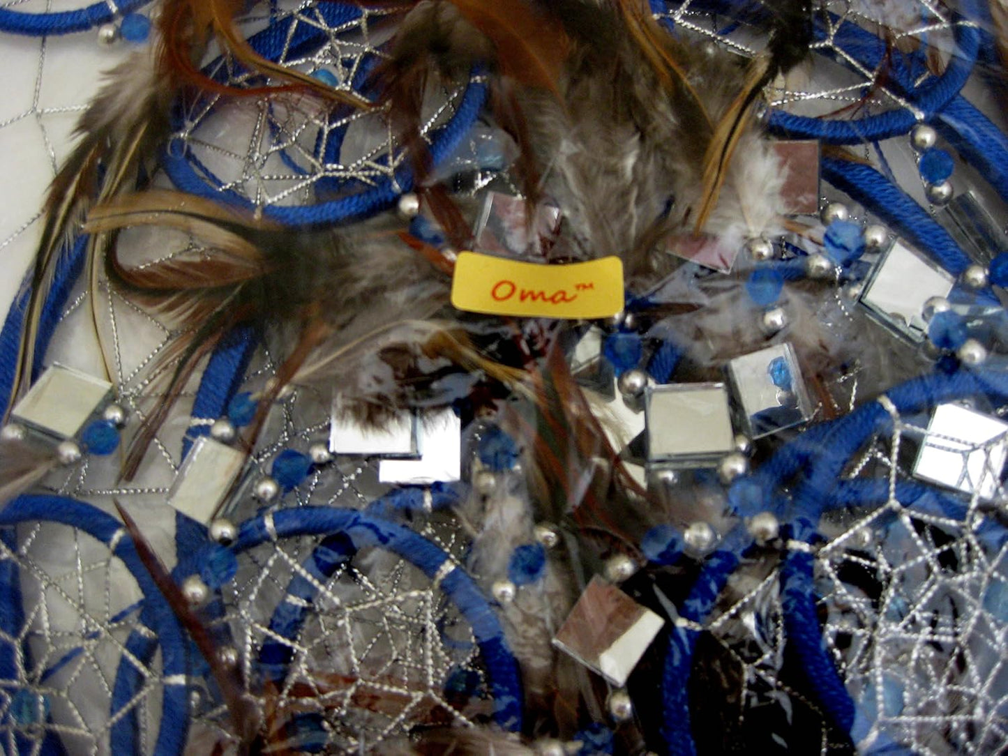 OMA Blue Dream Catcher, 3D Design with Mosaic Glass and Feathers, Large Size - 30" Long x 9" Diameter