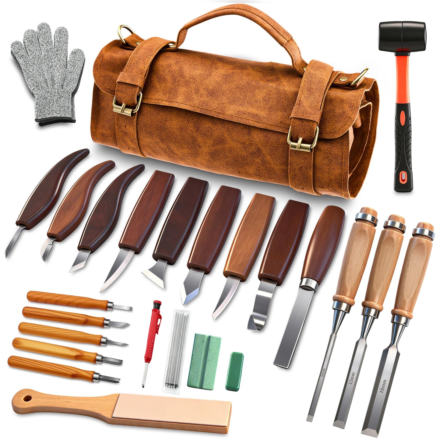 SakerNeo Deluxe Wood Carving Kit whittling kit, 25 Piece Wood Carving Tools with Thick Leather Storage Bag,wood carving set-Ideal Woodworking Tools and Hobbies for Beginners Enthusiasts Gift DIY
