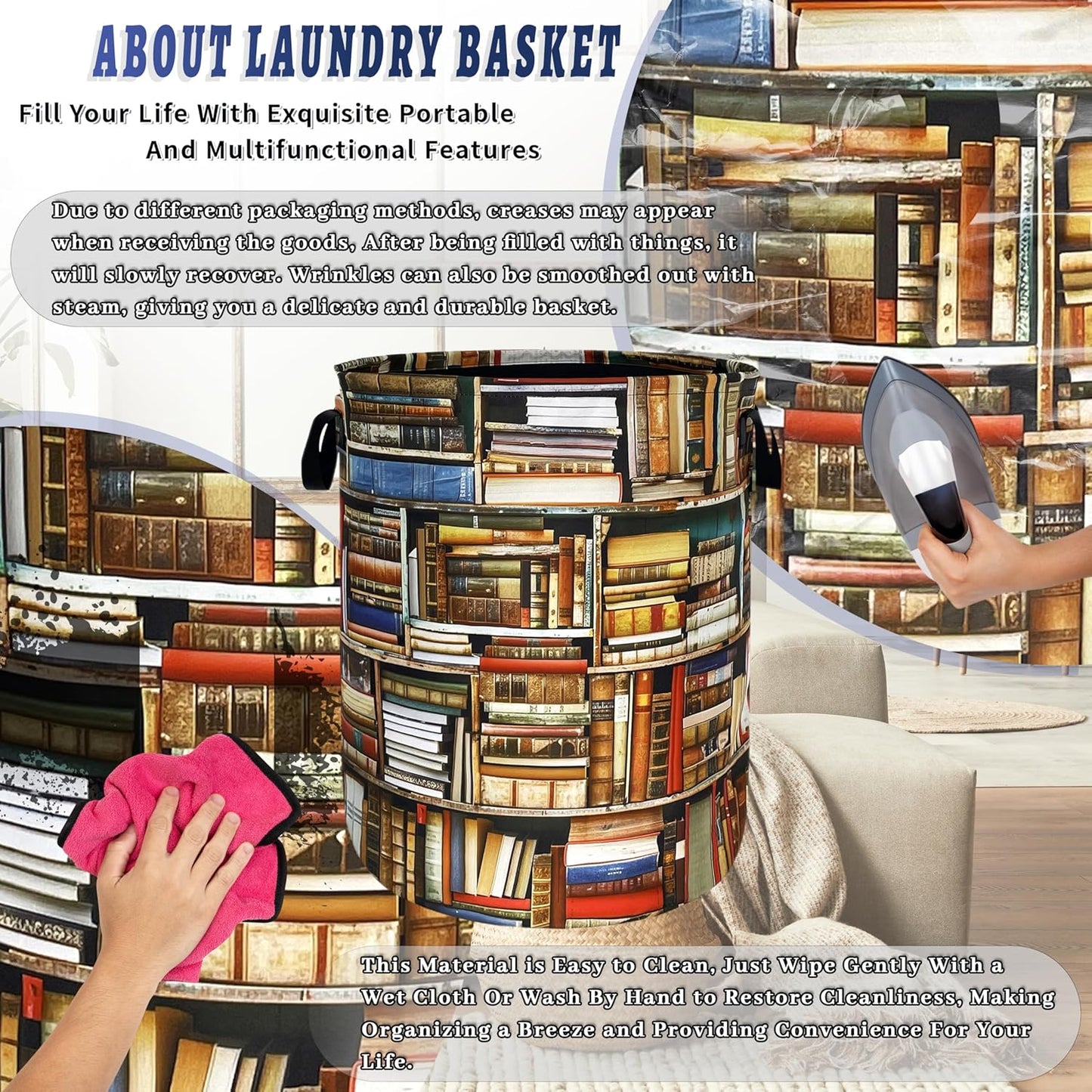 RGIFYIAE 18.9"x16.5" Retro Wooden Bookshelf Laundry Basket Oxford Cloth Books Laundry Hamper With Handle Foldable