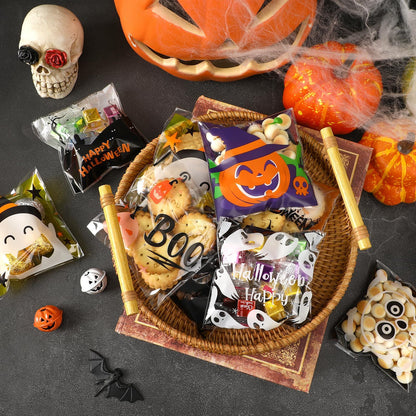 FEBSNOW 450pcs Halloween Self Adhesive Candy Dessert Treat Bags 9 Patterns