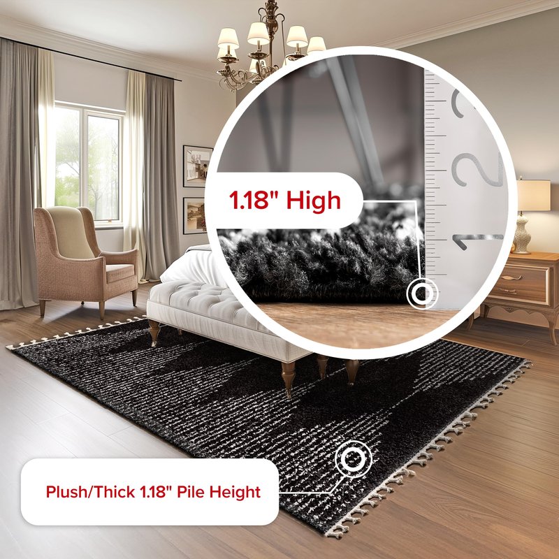 nuLOOM Bria Moroccan Shag Tasseled Area Rug - 4x6 Shag Area Rug Modern/Contemporary Black/Ivory Rugs for Living Room Bedroom Dining Room Nursery