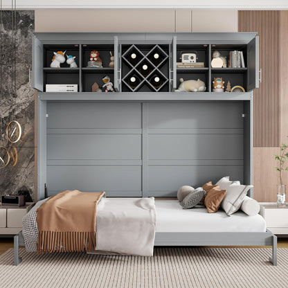 Murphy Bed Queen Size,Murphy Bed with Top Cabinets & Wine Rack,Space-Saving Hideaway Wall Foldable Bed w/Dual Piston Metal Folding Mechanism,Bedroom Folding Bedframe for Guest Room,Gray