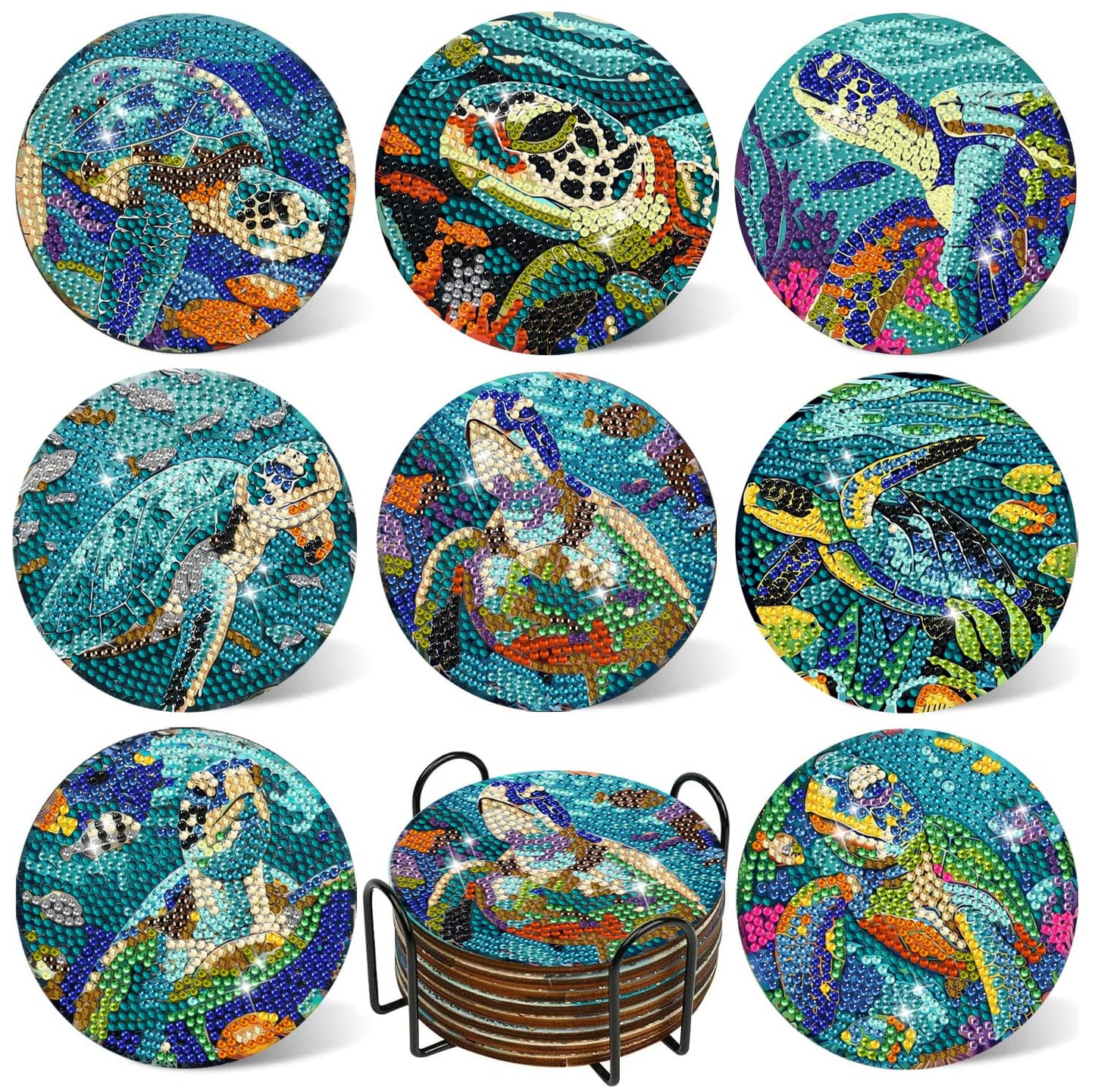 DOTSOPS 8Pack Diamond Art Coaster with Holder 5D Diamond Painting Kits for Adults Round Full Drill BeginnersGem Dots Craft Arts Supplies Party Home Decor Ocean