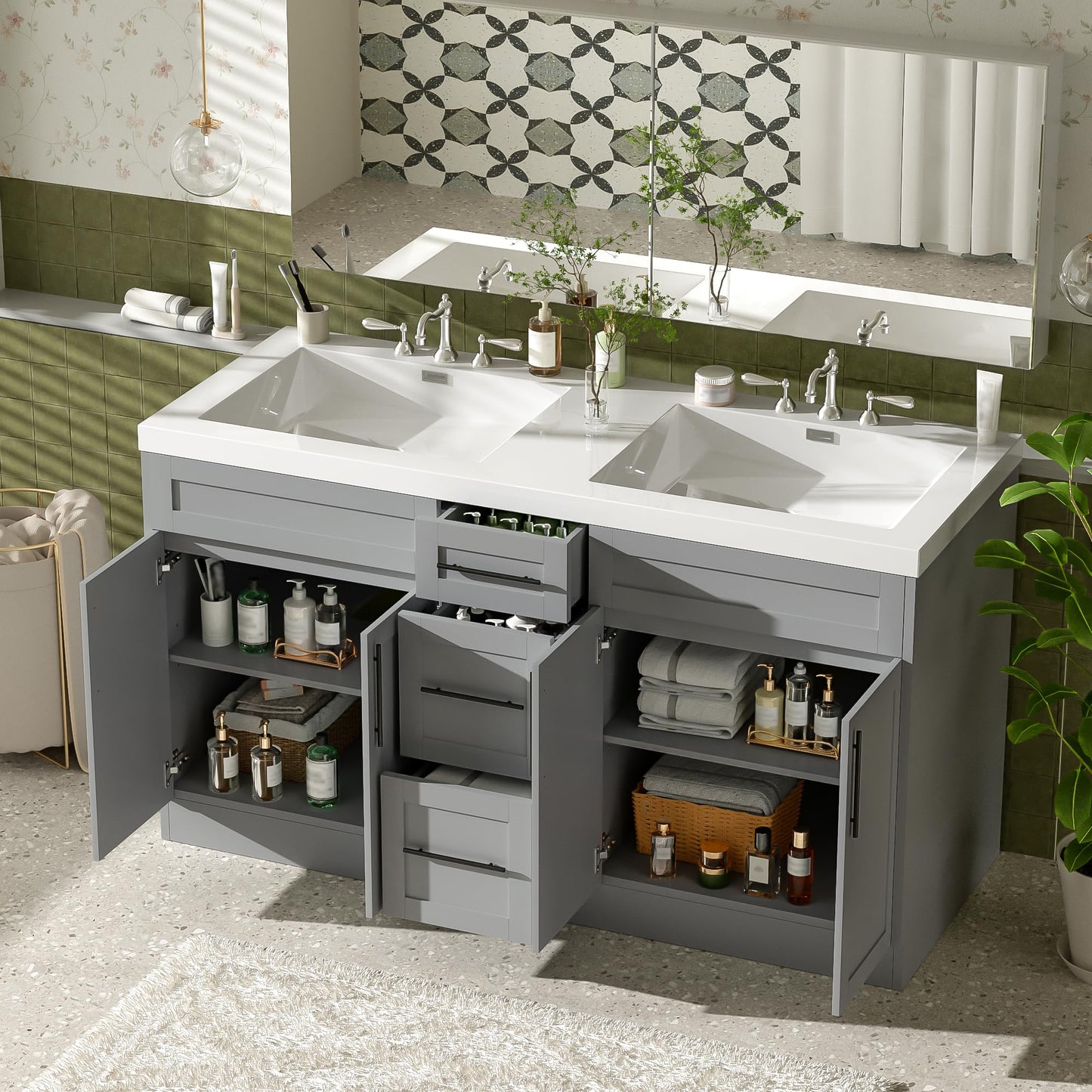 Merax Modern 59.3'' Large Bathroom Vanity with Double Sink Combo, Wood Bathroom Storage Cabinet with Soft Close Door & 3 Drawers, Vanities Set, Space Saving, Gray