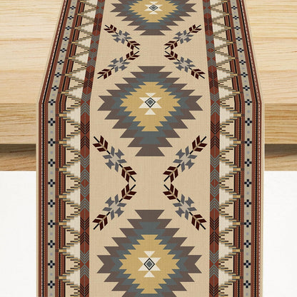 BATPLY Seamless 13x36in x1 Ethnic Aztec Linen Table Runner, Retro Boho Rustic Farmhouse Brown Red Native Tribal