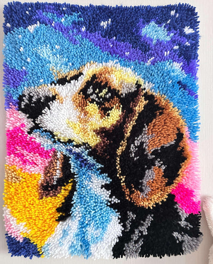 GLAECYY Latch Hook Kits Rug Crochet Yarn Kit Cushion Colour Pre-Printed Canvas Rug Needlework DIY Hook and Latch Kit (Star Dog)