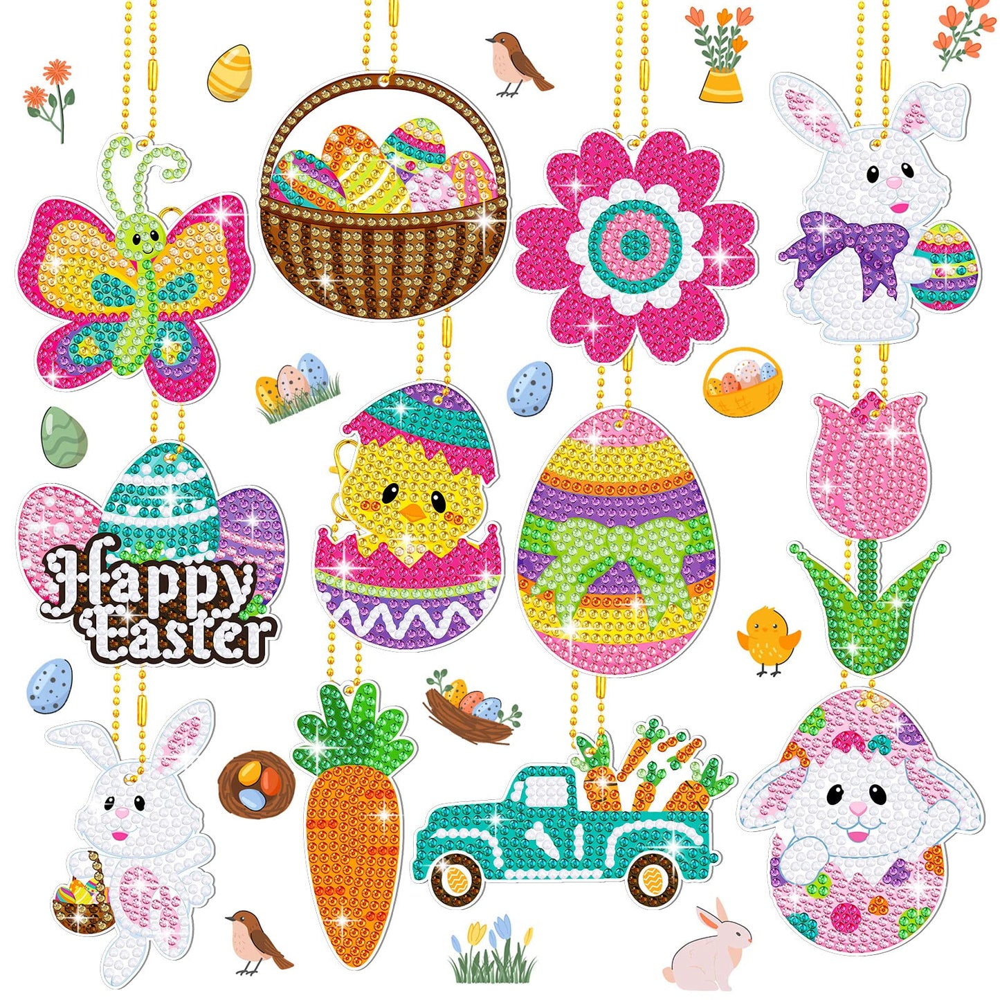 Ferraycle 12 Piece Easter Diamond Painting Kit 5d DIY Diamond Art Kits with Easter Egg Bunny Carrot Hanging Ornaments for Spring Crafts Family Decor