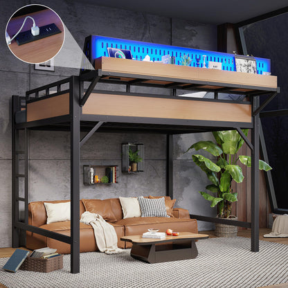 KEIKI Queen Size Loft Bed Frame with Storage Shelves & Pegboard, Modern Metal Loft Bed with USB Ports and LED Lights for Adults Studio Apartments Home Offices & Multifunction Bedrooms