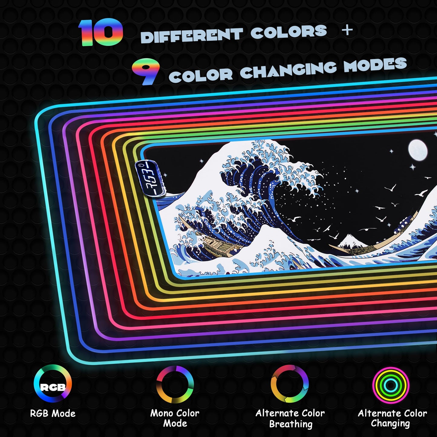 MEWOOCUE Gaming Laptop Mouse Pad,Sea Wave Big Mice Pads PC Keyboard Waterproof and Non-Slip 31.5 x 11.9 0.12" Thick XL,XXL Rubber Table Mat, RGB Led with 10 Lighting Modes+9 Color Changing Modes Mat