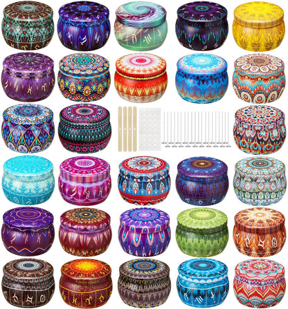 Arxinor Empty 5 oz Candle Tins Candle Jars 28 Pcs 28 Patterns, Candle Making Kits, with Wicks, Wick Holders & Stickers