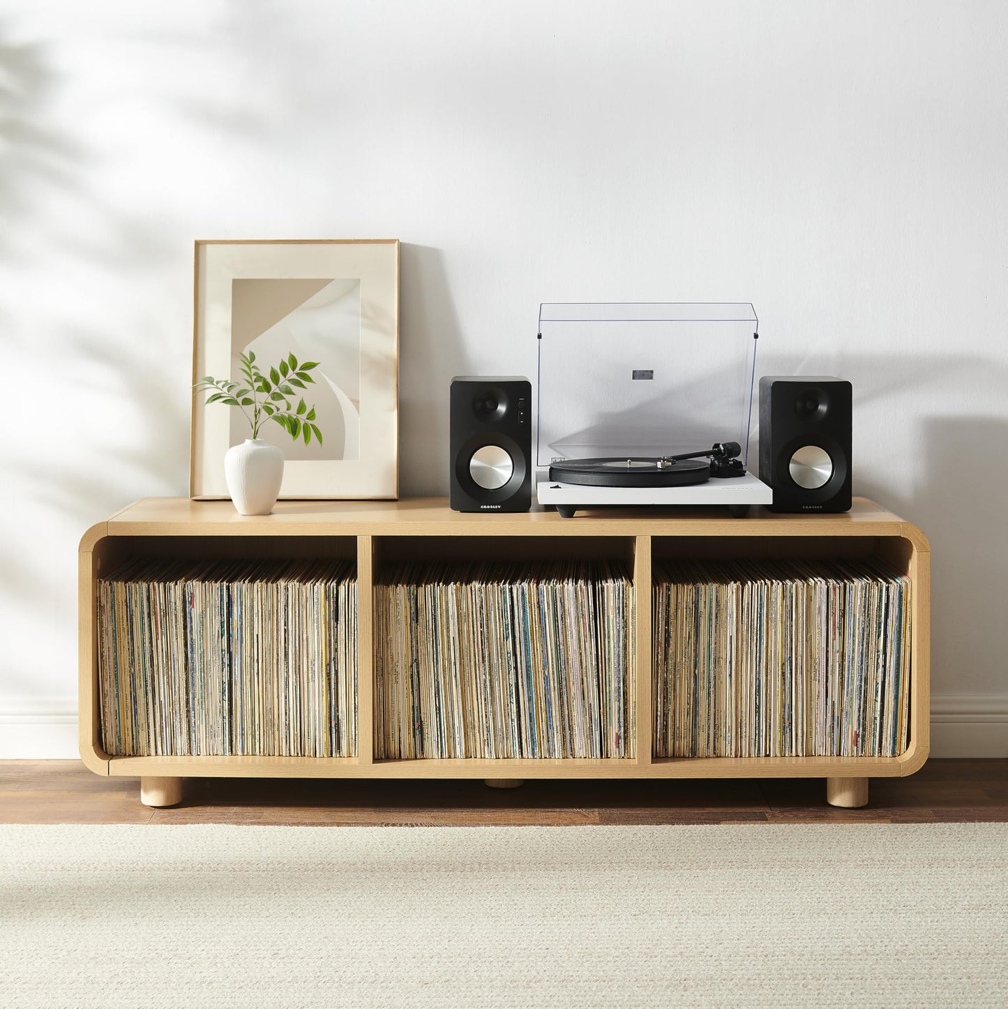 Crosley Furniture Zoe Large Modern Media Console and Record Player Stand with Storage for Vinyl Records, Ash