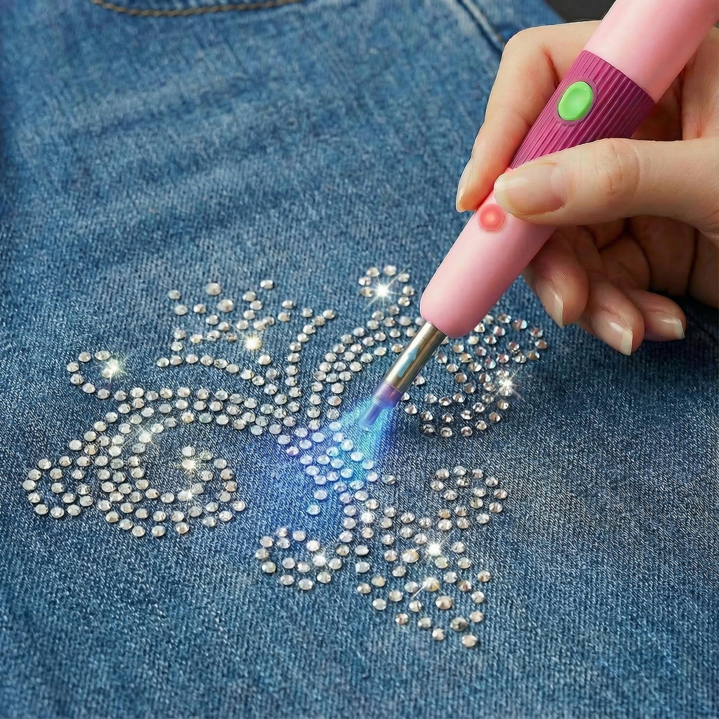 PP OPOUNT Hotfix Rhinestone Setter - Bedazzler Kit with Rhinestones for Clothes, Crafts, Shoes & T-Shirts, DIY Bedazzling Kit with 5 Different Tip Sizes, Stand, Glove, Cleaning Brush, Tray (Pink)