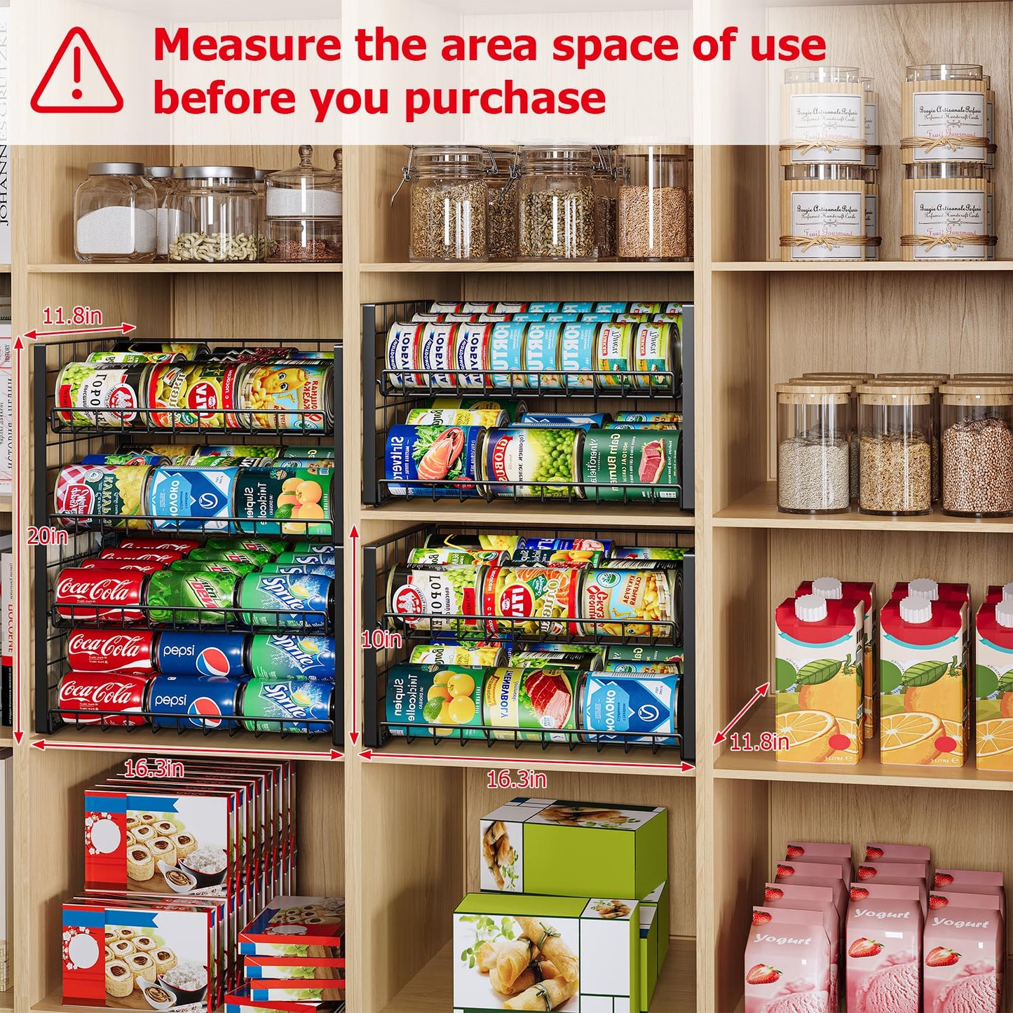 JKsmart 2-Tier Stackable Can Rack Organizer for Pantry, Adjustable Can Dispenser Holds Up to 62 Cans, Can Storage Holder for Various Ounces of Canned Food Soda Drinks, Black, 2 Pack (Petent Pending)