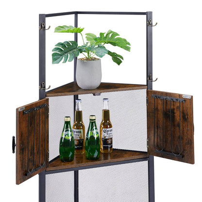 VECELO 4 Tier Corner Cabinet, 59" Tall Standing Organizer with 4 Dual-Hooks, Storage Rack, Narrow Bookshelf Display Shelves Rack for Wall Corner, Living Room, Kitchen, Bedroom, Office, Retro Brown