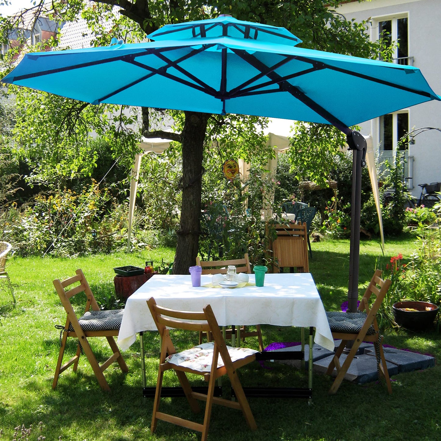 Sunnyglade 11FT Double Top Cantilever Patio Umbrella Deluxe Offset Umbrella 360° Rotation & Integrated Tilting System Heavy Duty Outdoor Umbrella for Market Garden Deck Pool Backyard Patio(Blue)