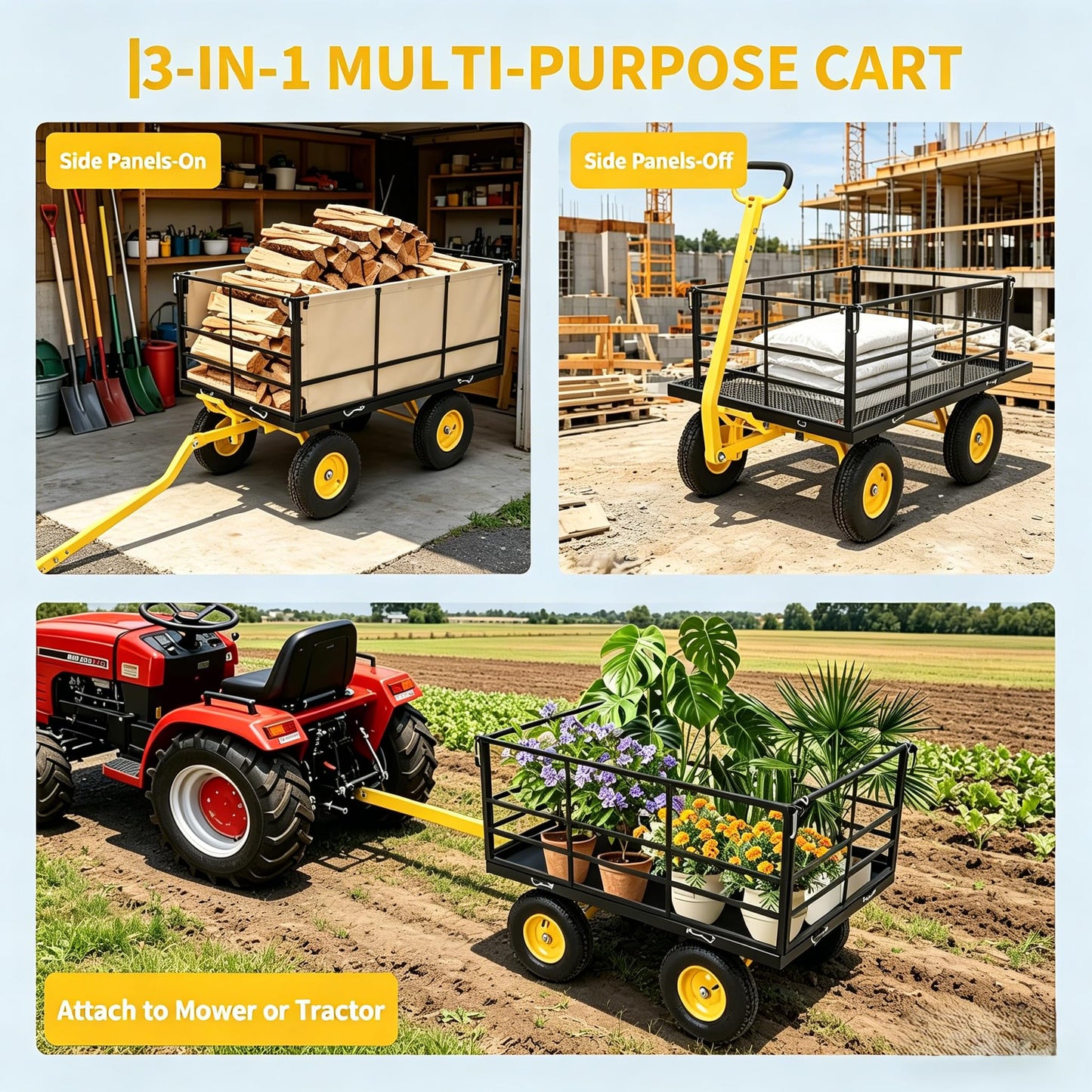 1500Lbs Steel Mesh Garden Cart, Heavy-Duty Utility Wagon with Removable Sides, Outdoor Wagon with Rubber Tire and Handle for Gardening Soil, Tools and Plant Transport(Green)