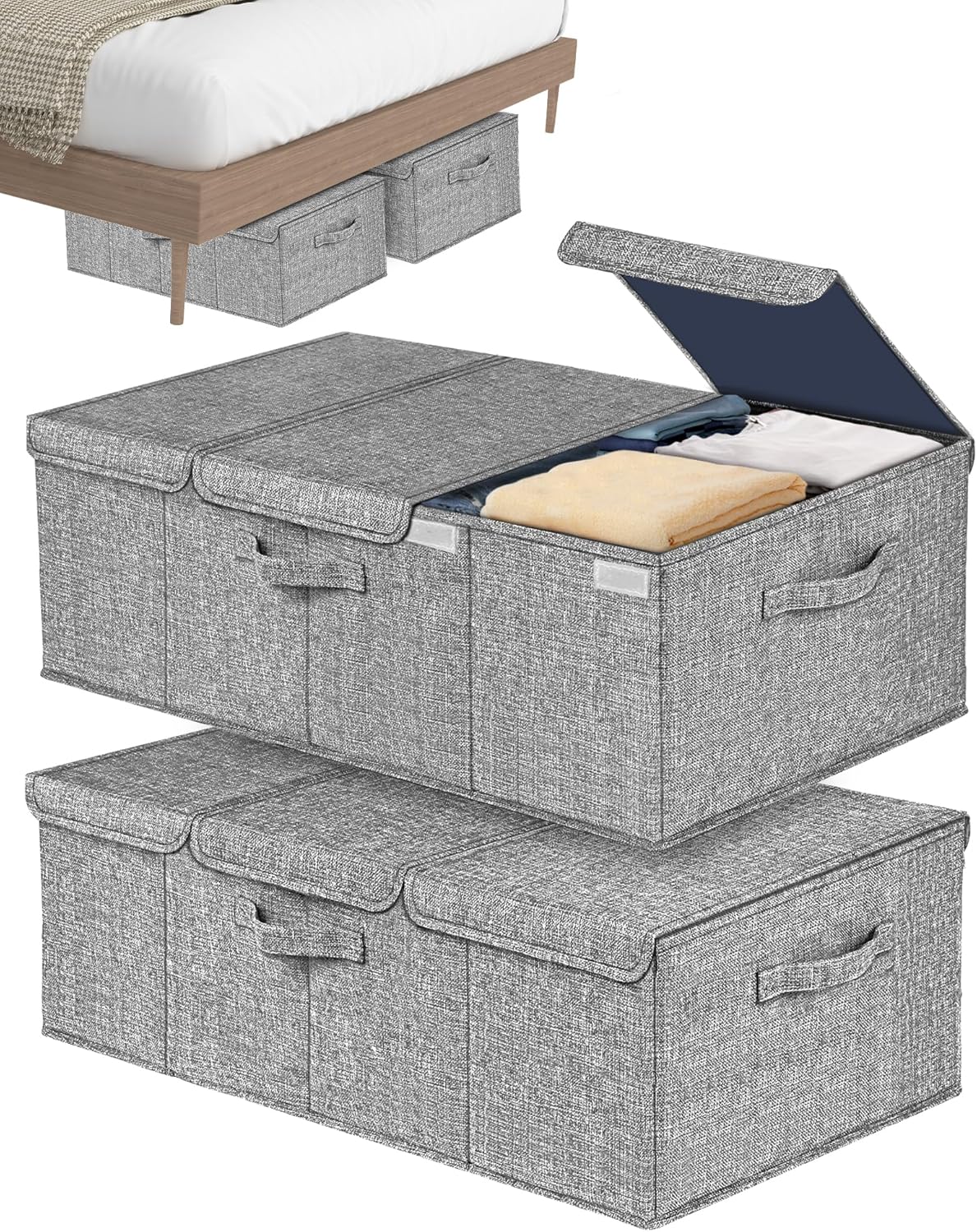 Deep Under Bed Storage Container, 10" Tall Height Underbed Box Bin with Lids, Large Basket for Bedroom, 2 Pack