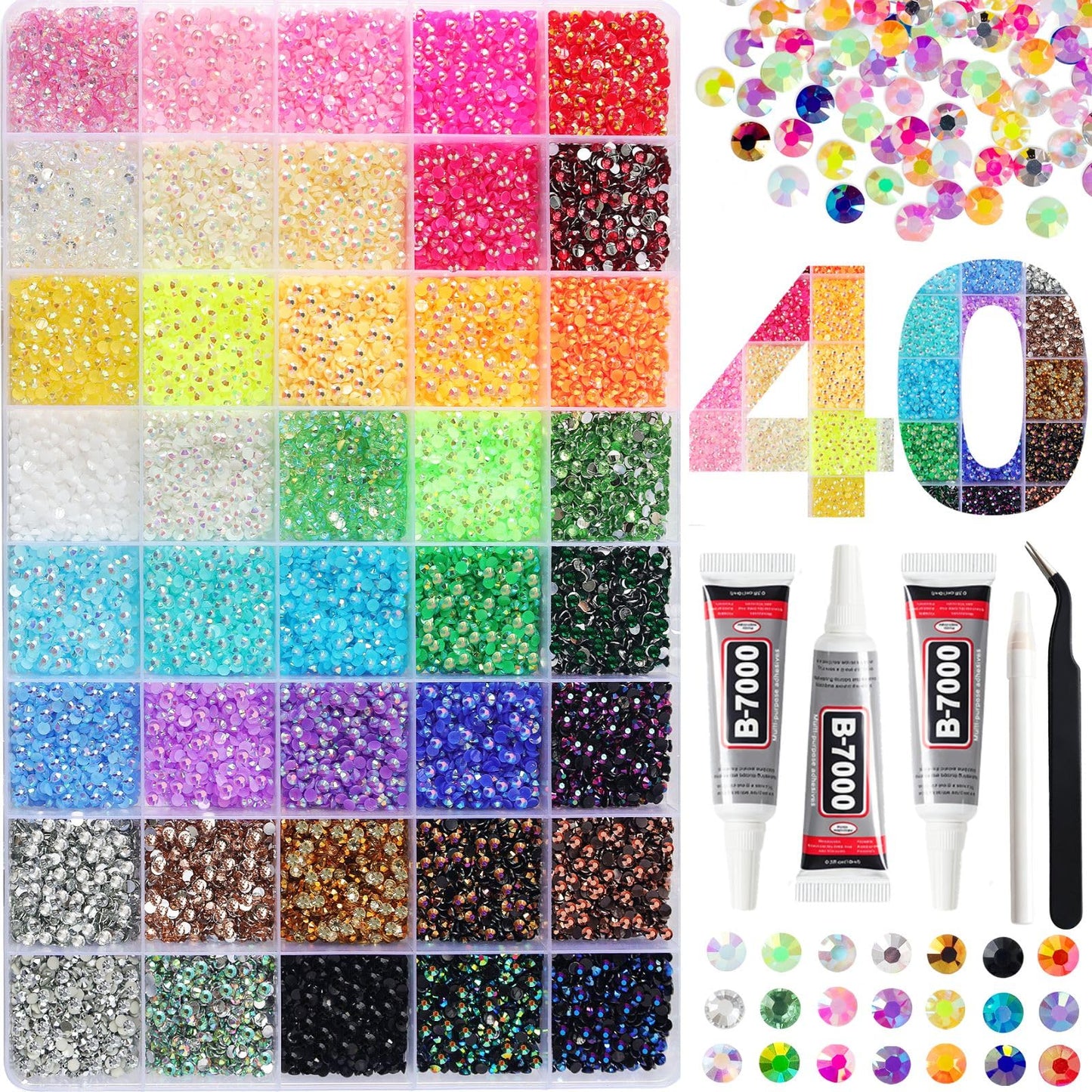 46000Pcs 40 Colors Jelly Rhinestones for Bedazzling, 3mm Resin Flatback Gems for Diamond Art, Bedazzler Kit with 3Pcs B7000 Jewelry Glue for Crafting Bedazzled Book Shoes Nail