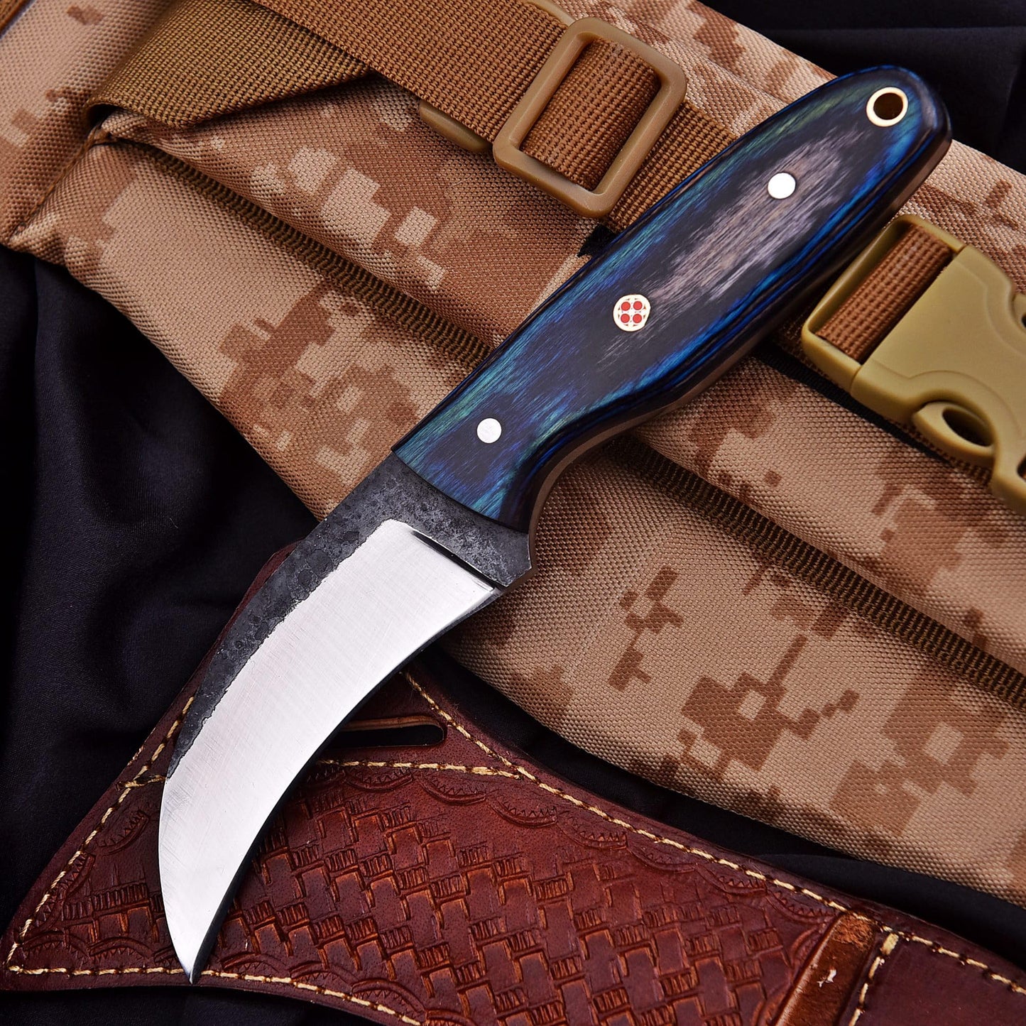 Trade Scorpio Handmade 1095 high Carbon Steel Lineman Hawkbill knife- Wire Skinnning Knives- With Pancake Leather Sheath- Fixed Blade Knife- electrician knife (Blue & black Wood)