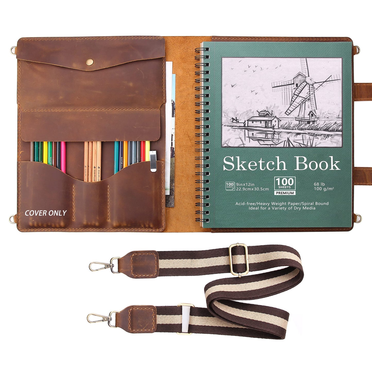Robrasim Handmade Leather Sketchbook Cover, Artist Sketch Pad Holder for 9"X12" Sketchbook, Drawing Book and Pencil Case, Journal Notebook Portfolio with Shoulder Strap, Artist Gifts, Brown