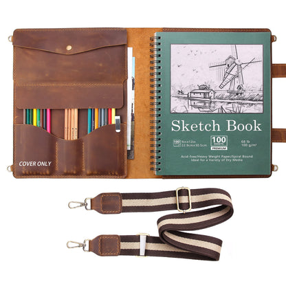 Robrasim Handmade Leather Sketchbook Cover, Artist Sketch Pad Holder for 9"X12" Sketchbook, Drawing Book and Pencil Case, Journal Notebook Portfolio with Shoulder Strap, Artist Gifts, Brown