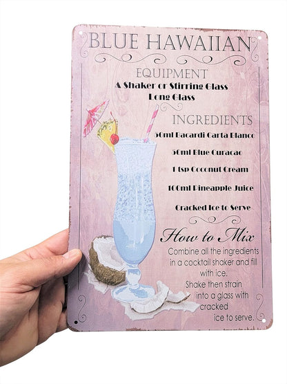 8" x 12" Popular Cocktails and Drink Mix Recipes Menu on Metal Tin Sign (Blue Hawaiian)
