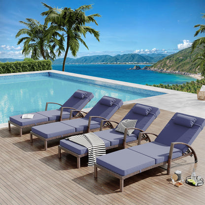 GarveeLife 2-Piece Rattan Patio Folding Chaise Lounge, 5-Position Adjustable Backrest Outdoor Lounge Chair with Cushion and Pillow for Poolside, Backyard, Deck, Porch, Blue