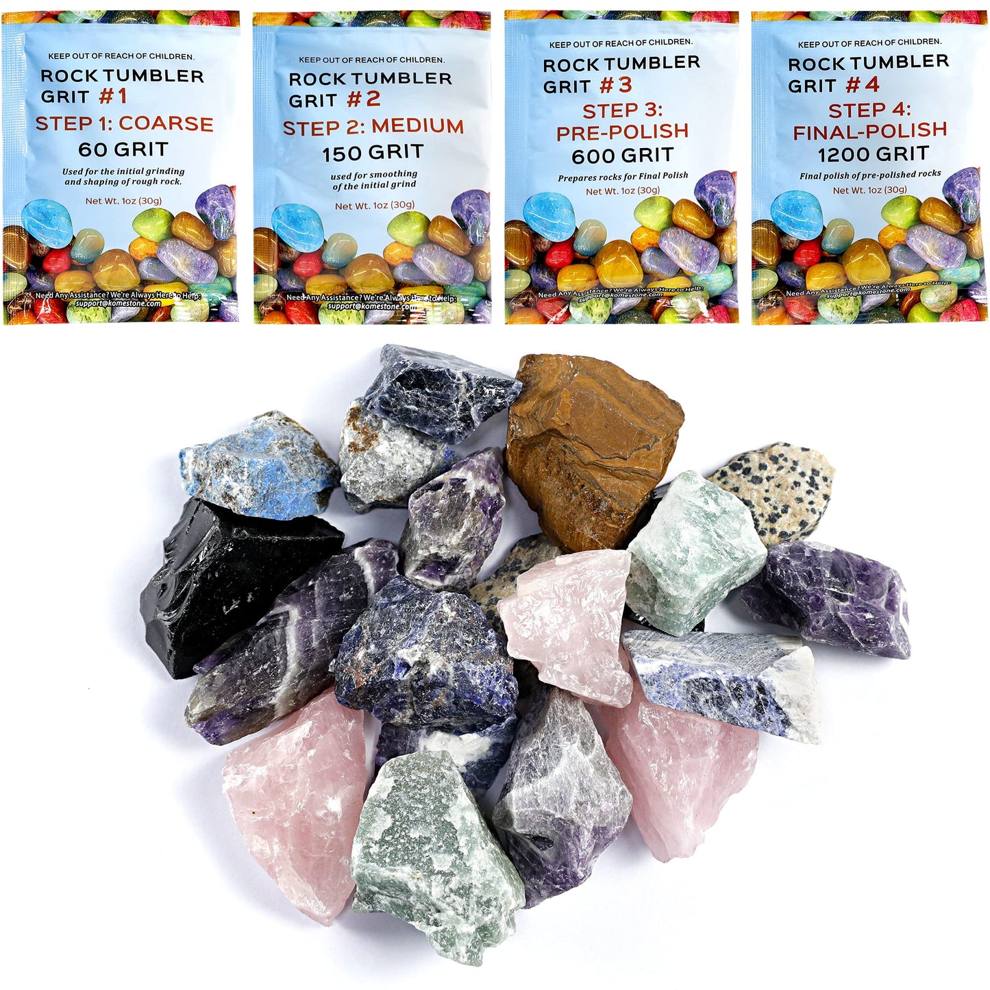 KomeStone 1 lb Rough Gemstones + 4-Step Grit Pack (Coarse to Polish)-Rock Tumbler Refill Kit, Beginner-Friendly Tumbling Kit, Compatible with All Rock Tumblers