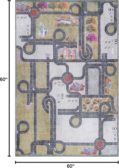 Country 5' 5' Superior Indoor Kids Rug, Washable, Non-Slip, Multi Color Playmat, Perfect for High Traffic Playroom