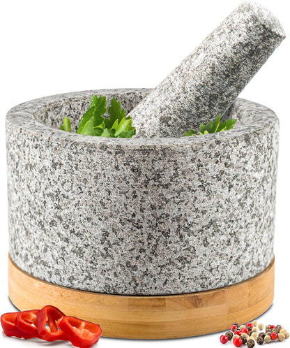 Heavy Duty Mortar and Pestle Set with Bamboo Base, Large 2 Cups Natural Granite Bowl for Guacamole and Masher