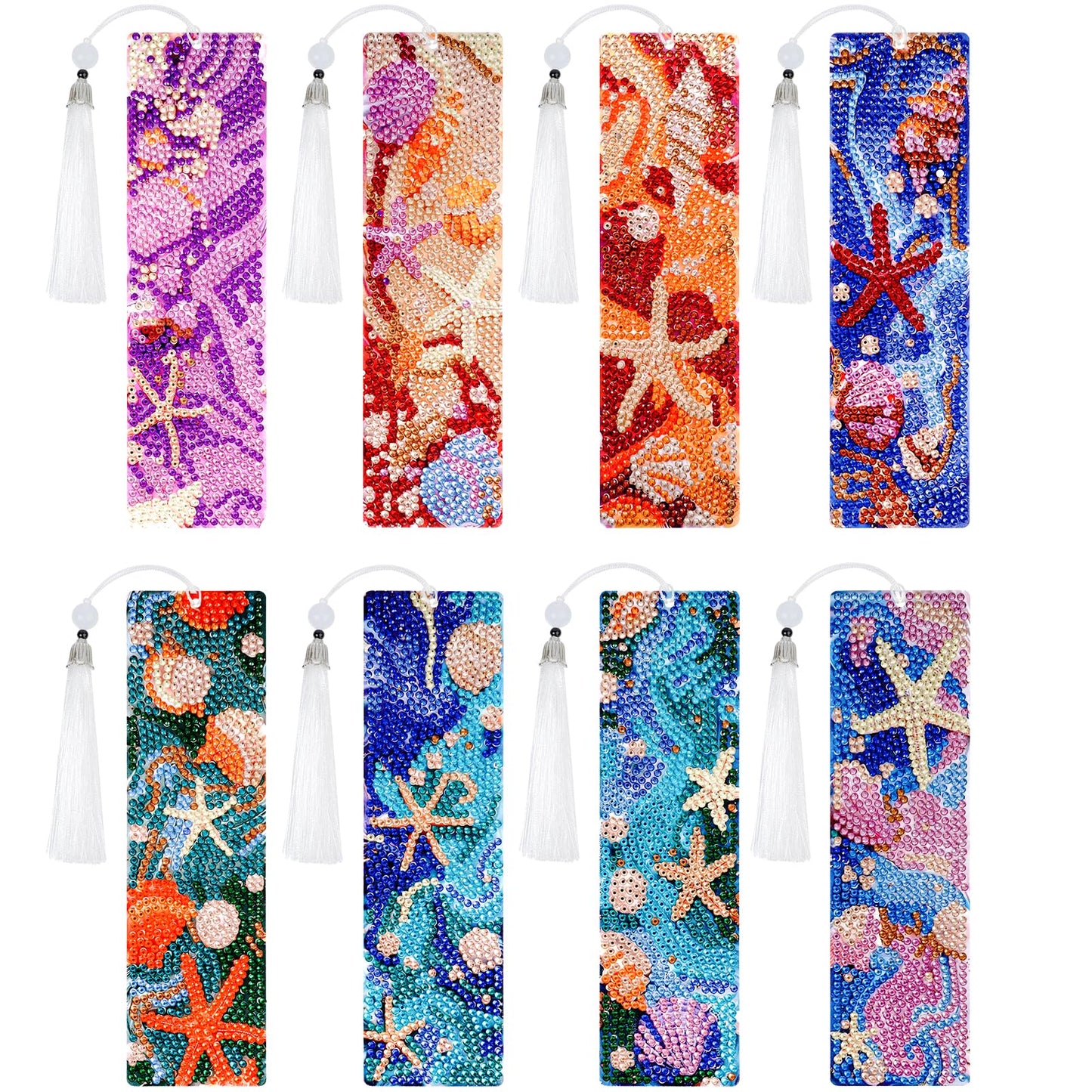 cnomg Diamond Art Bookmarks Kit for Adults 8 Pack Ocean Sea Shell Diamond Painting Bookmarks with Tassels 5D DIY Gem Art Bookmark Set for Craft Lovers Reading Gifts for Book Lovers Women