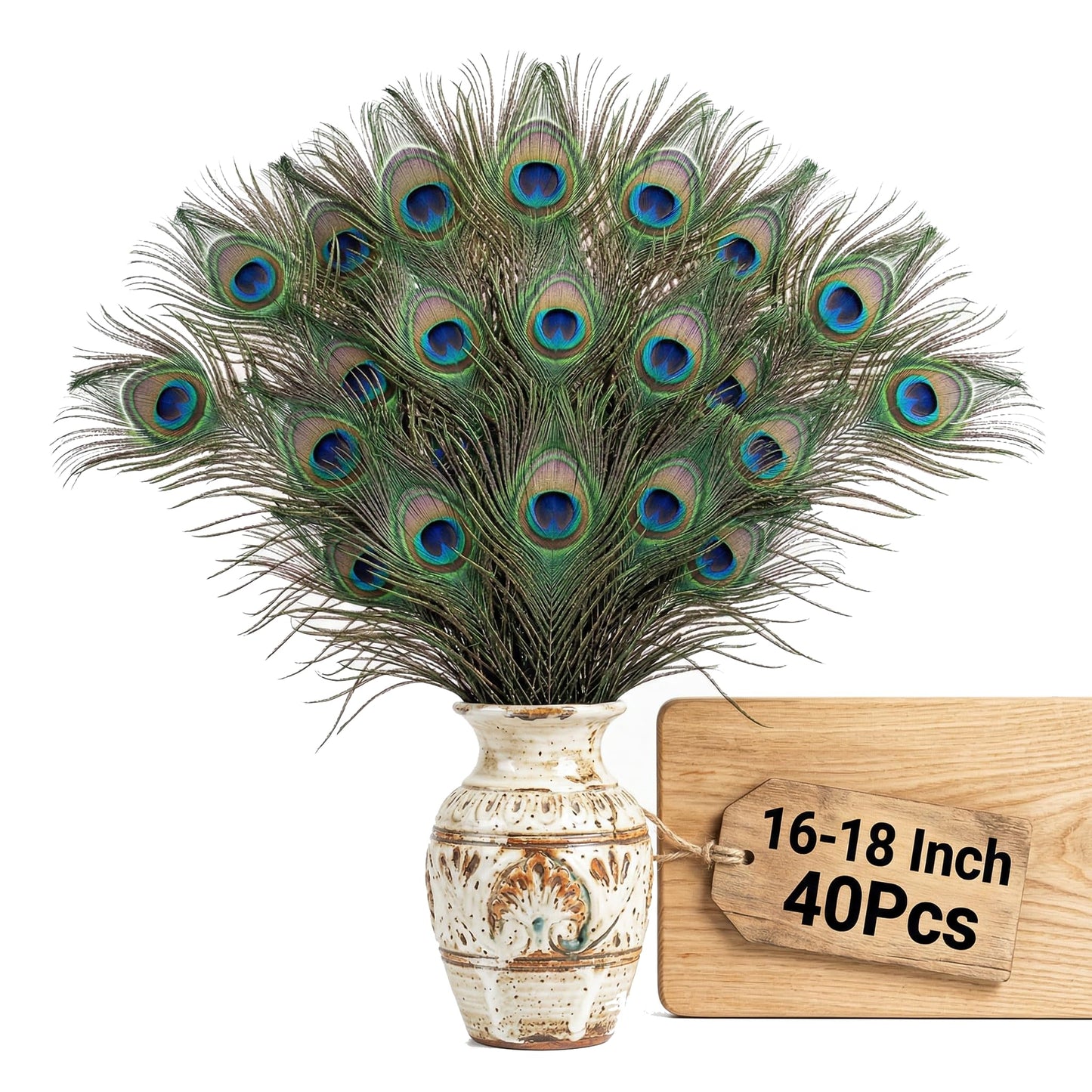 Lamar Peacock Feathers Bulk 16-18 Inch 40 Pcs Long Feathers with Large Eyes – Ultimate Bundle for Tall Vases, Wedding Centerpieces, Home Decor, Costumes, and DIY Crafts