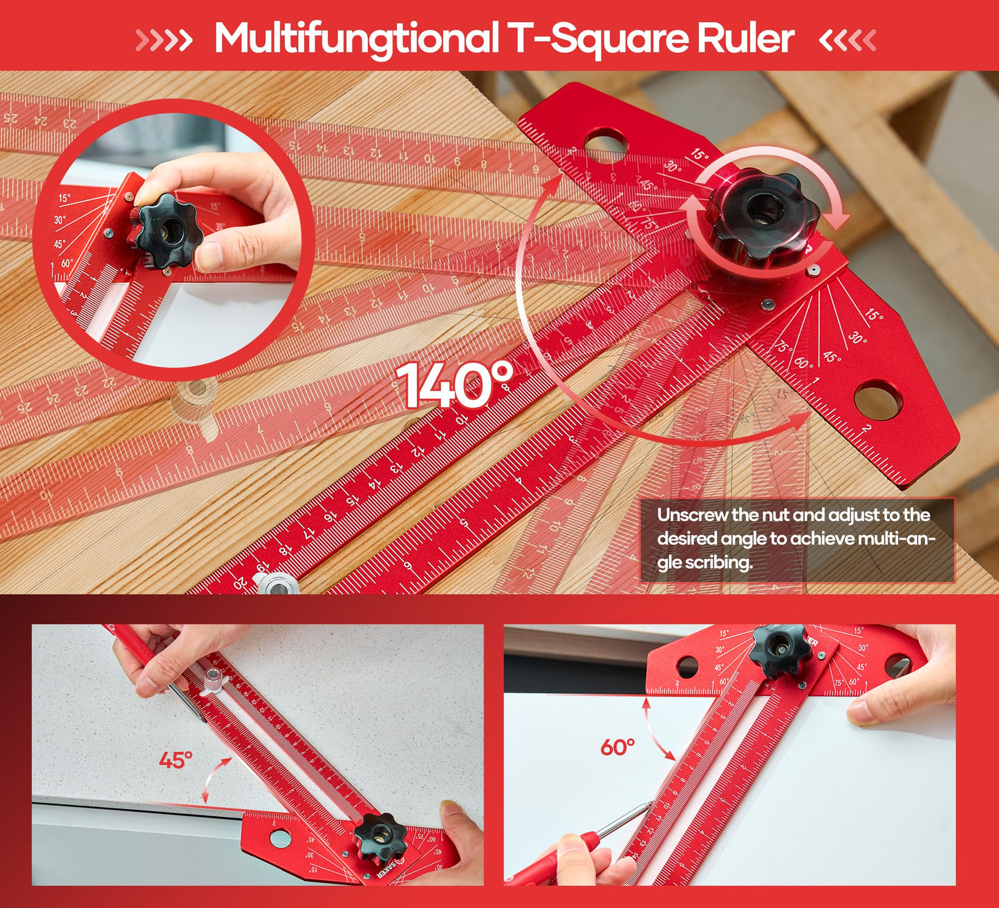 Saker Woodworking Scriber Marking Line Ruler, Adjustable Aluminum Alloy Sliding T-Square Ruler,Precision Line Drawing aid Ruler with Angle Adjustment Scale