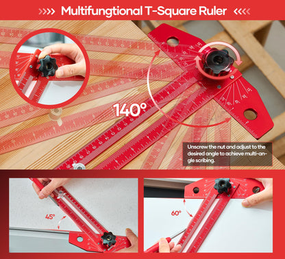 Saker Woodworking Scriber Marking Line Ruler, Adjustable Aluminum Alloy Sliding T-Square Ruler,Precision Line Drawing aid Ruler with Angle Adjustment Scale