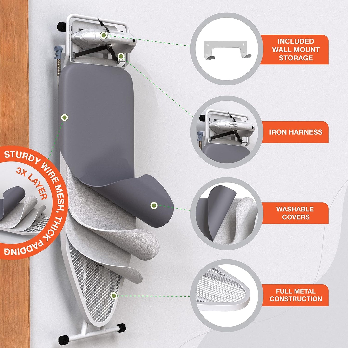 Xabitat Full Size Ironing Board - 57" X 18" with Wall Mount Hanger & Built-In Iron Caddy