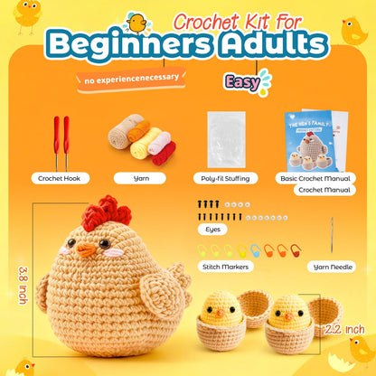 Joyclub Crochet Kit for Beginners 4 Pcs Chicken Family Amigurumi Crochet Starter Kits with Step-by-Step Video Tutorials DIY Craft Gift for Adults Kitting Lovers Mother Teacher Student