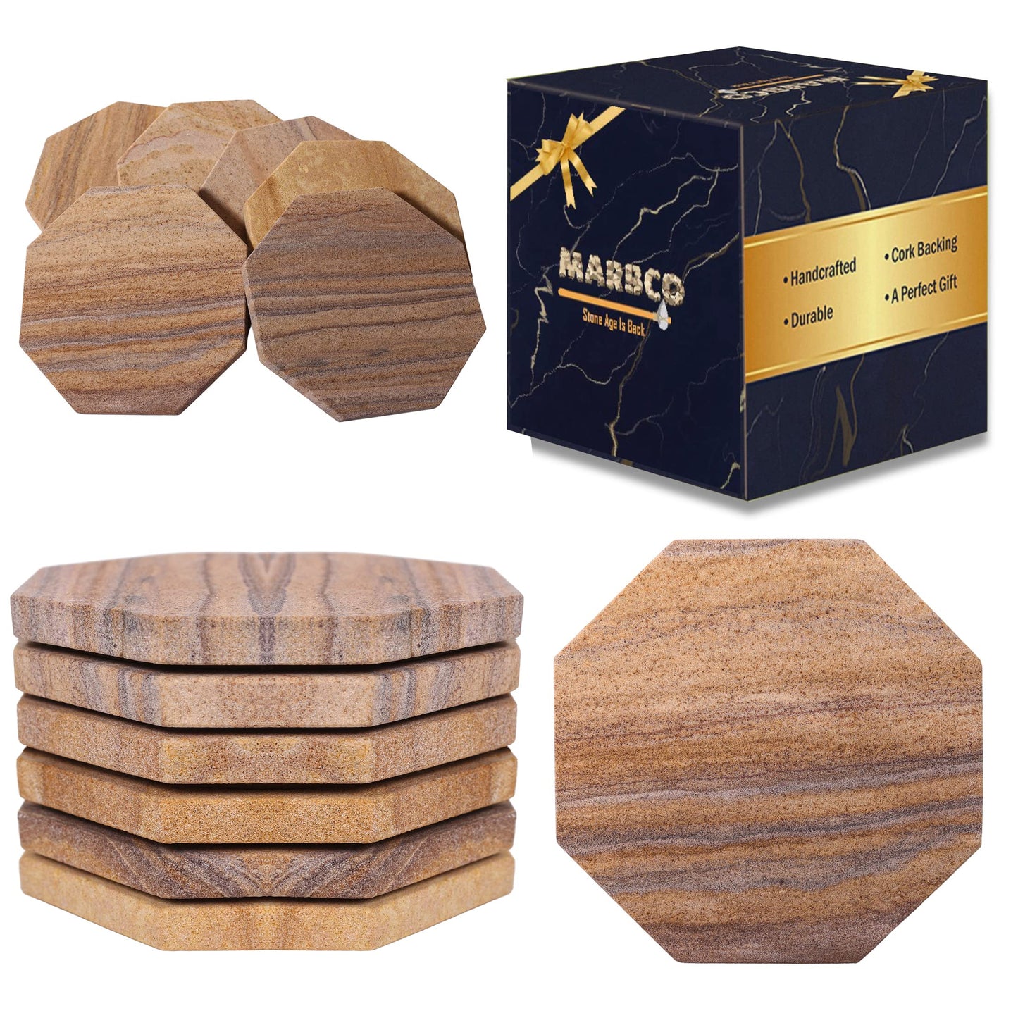 Marbco Sandstone Water Absorbent Hand Crafted Octagon Coasters for Drinks- Set of 6-4 inches Wide Thirsty Stone bar/Drink Coasters Made from Real Solid Stone (Without Holder, Set of 6)