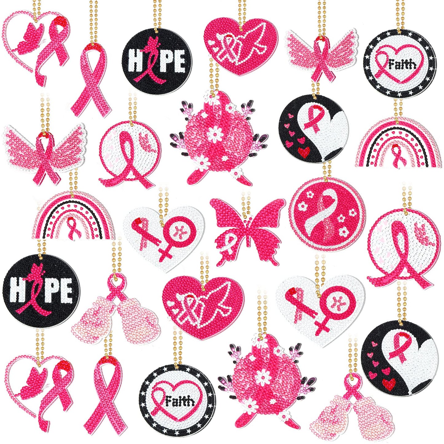 Estune 28 Pcs Breast Cancer Diamond Painting Keychains Pink Ribbon Diamond Art Key Chain Double Sided 5d DIY Painting Kits Keyring Pendant for Beginners Adults Women Gift